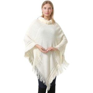 Belle Dame White Pullover Knit Crochet Fringed Cape Shawl Poncho Faux Fur Collar